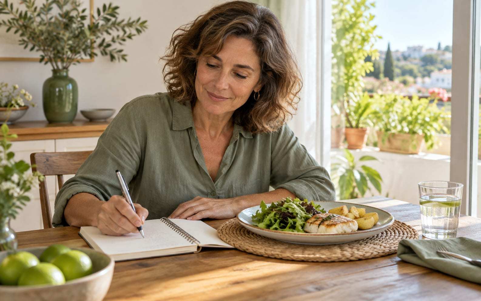 Mujer sentada a una mesa de madera junto a la ventana anotando en una libreta, con un plato de ensalada verde, pescado a la plancha y patatas pequeñas y un vaso de agua