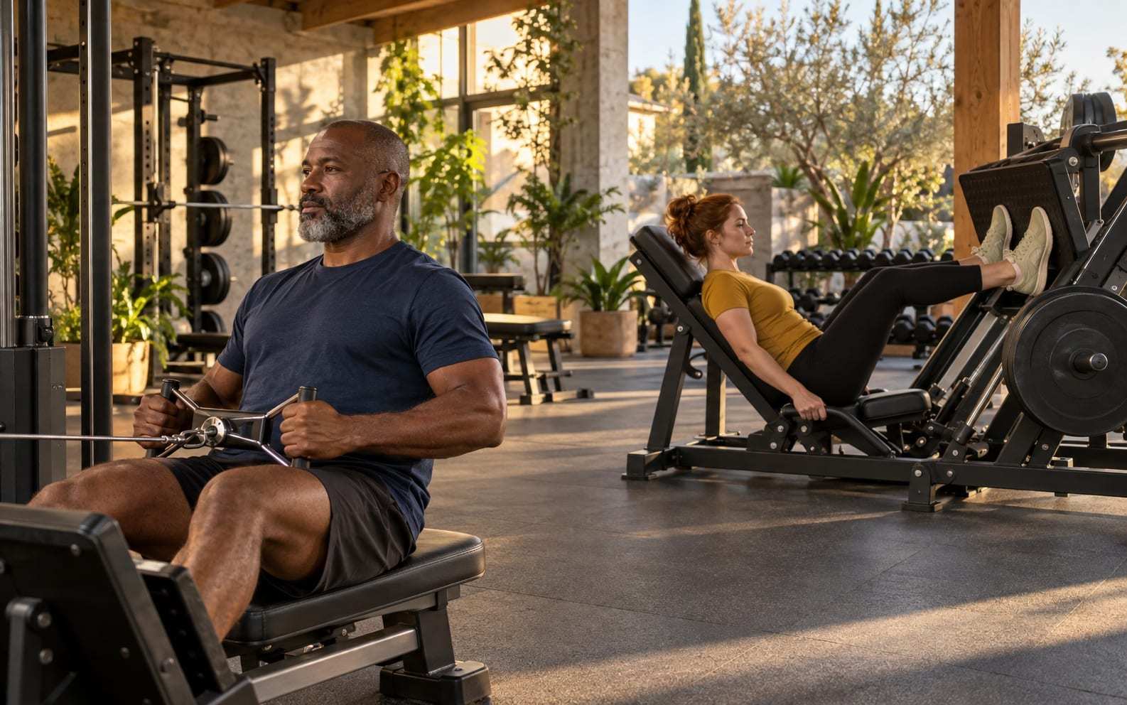 Un hombre de unos 50 años con camiseta azul marino hace remo en polea baja sentado mientras, al fondo, una mujer pelirroja con camiseta mostaza empuja en una prensa de piernas, en un gimnasio luminoso con plantas