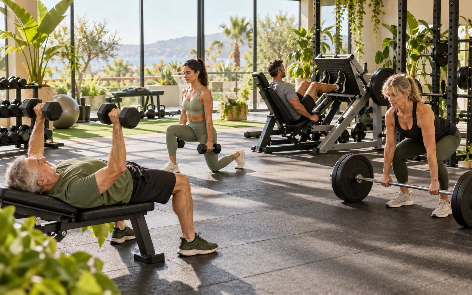 Sala de un gimnasio luminoso con vistas al mar donde entrenan a la vez un hombre mayor haciendo press de banca con mancuernas, una mujer haciendo zancadas con mancuernas, un hombre en una prensa de piernas y una mujer haciendo peso muerto con barra