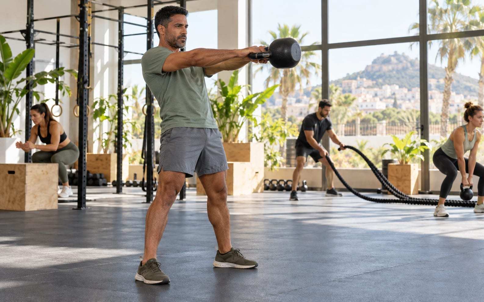 Hombre de unos 40 años con camiseta verde y pantalón corto gris haciendo un swing con kettlebell, con la pesa a la altura del pecho y los brazos extendidos, en un gimnasio funcional luminoso con grandes ventanales, cajas de salto, cuerdas de batalla y plantas; al fondo otras personas entrenando