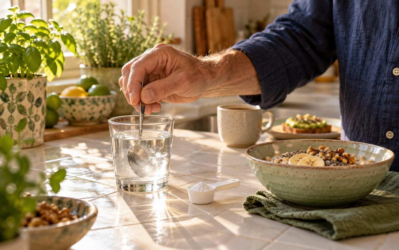 Hombre mayor con camisa azul marino removiendo con una cucharilla un vaso de agua en una encimera de azulejos al sol de la mañana, junto a una pequeña cuchara medidora con polvo blanco, un cuenco de avena con plátano y nueces, un café y una tostada