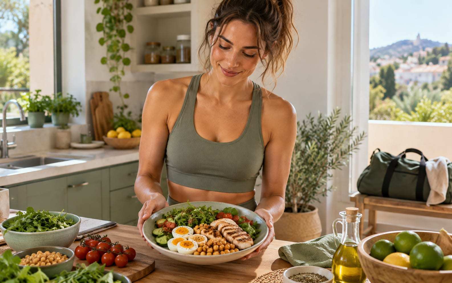 Mujer en una cocina luminosa sirviendo un bol con huevo cocido, garbanzos, pollo a la plancha y ensalada, con una bolsa de deporte al fondo