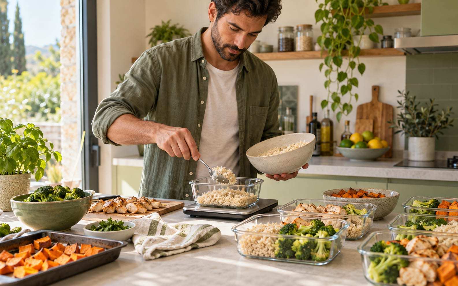 Hombre en una cocina luminosa sirviendo arroz en un táper de cristal colocado sobre una báscula de cocina, rodeado de recipientes con pollo, brócoli y boniato
