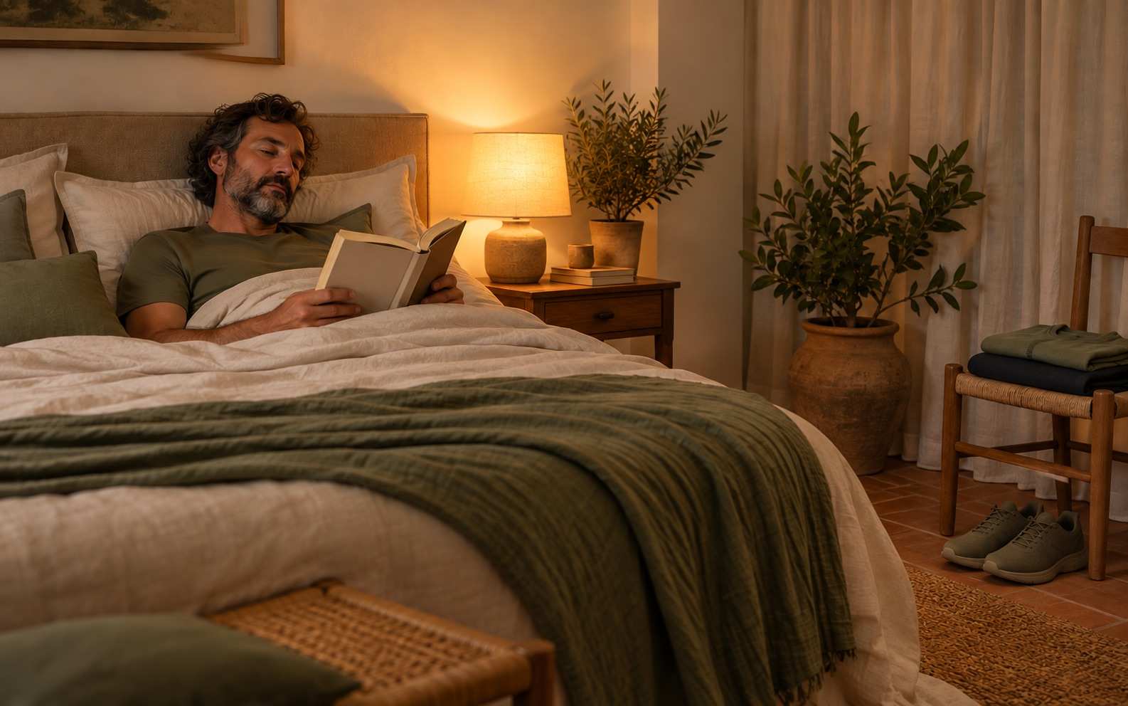 Un hombre de mediana edad con barba canosa lee un libro en la cama de noche a la luz de una lámpara de mesilla, con ropa de entrenar doblada en una silla y unas zapatillas en el suelo
