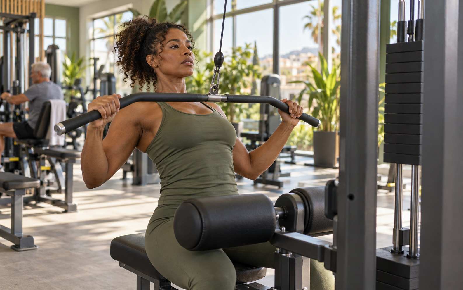 Mujer de unos 35 años a mitad de una serie de jalón al pecho en una máquina de polea, con la pila de placas a su lado, en un gimnasio luminoso con ventanales y plantas y un hombre mayor entrenando al fondo