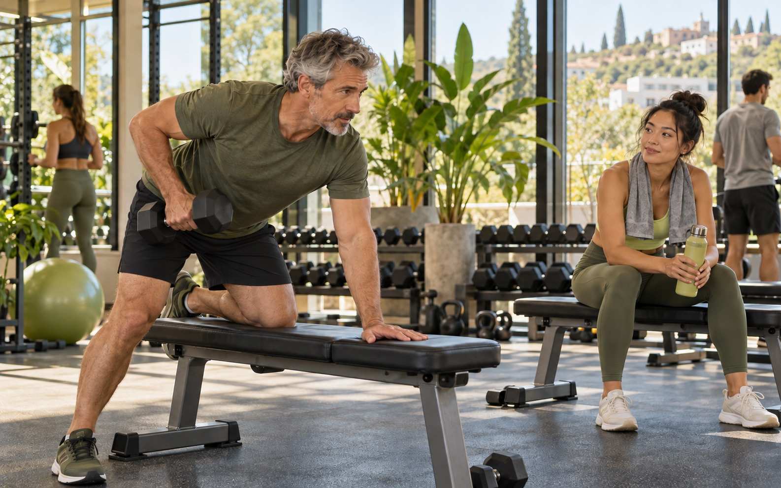 Hombre de unos 50 años haciendo un remo con mancuerna con una rodilla y una mano apoyadas en un banco, mientras una mujer descansa entre series sentada en otro banco con una toalla y una botella de agua en un gimnasio luminoso