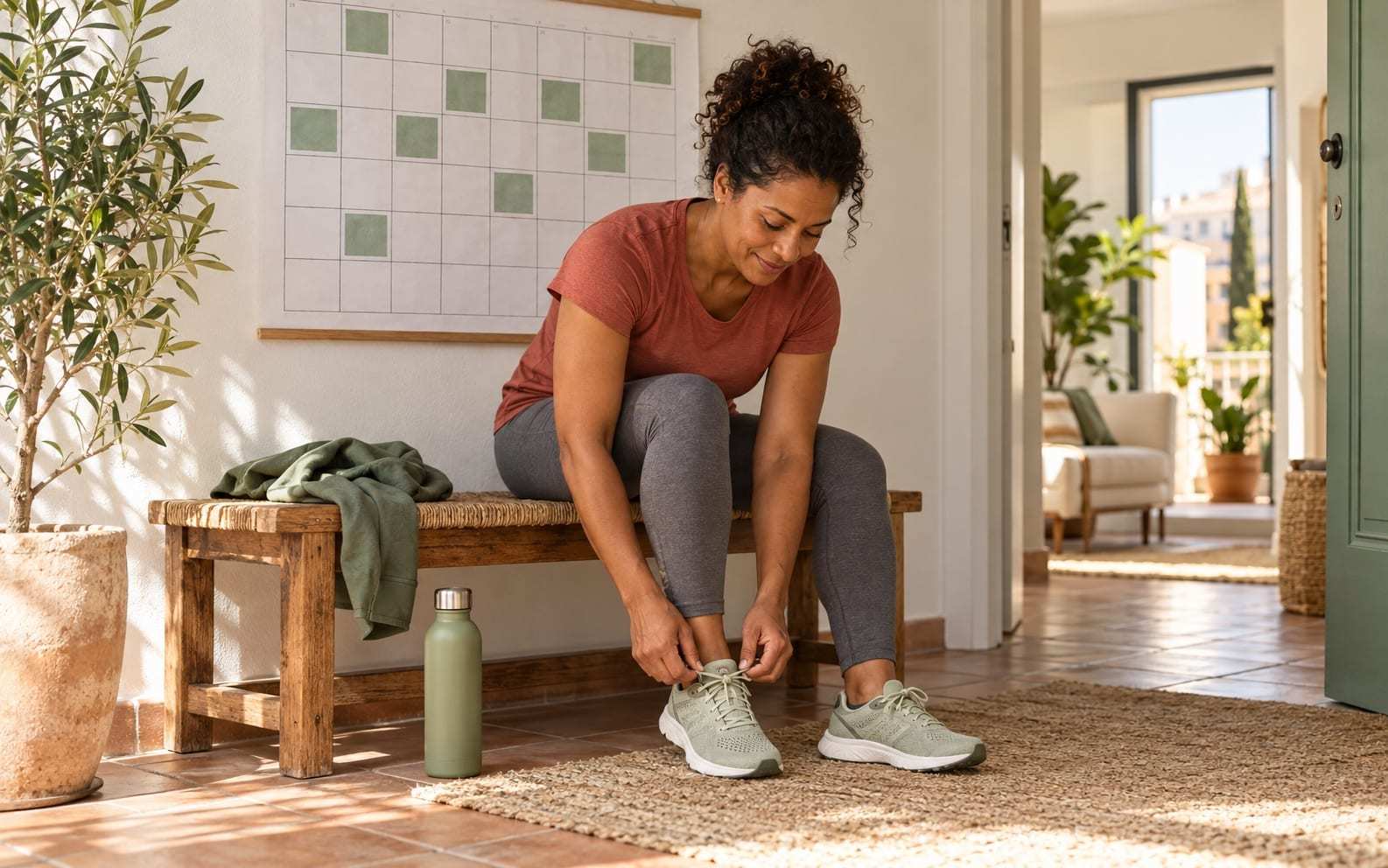 Mujer con camiseta terracota sentada en un banco de madera del recibidor atándose las zapatillas de correr, delante de un planificador de pared con casillas verdes de entrenamiento y casillas en blanco de descanso, junto a una botella de agua y un olivo en maceta