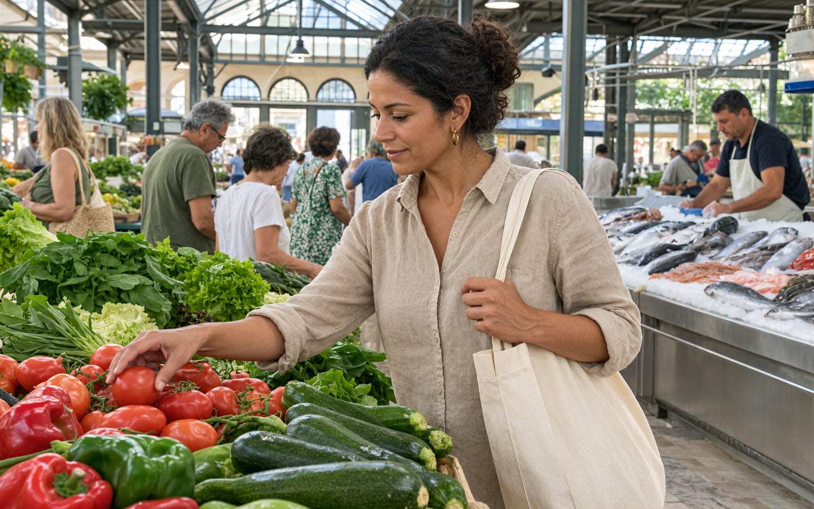 Mujer con camisa de lino color arena y una bolsa de tela al hombro eligiendo tomates, pimientos y calabacines en un puesto de verduras de un mercado municipal cubierto, con un puesto de pescado fresco sobre hielo al fondo