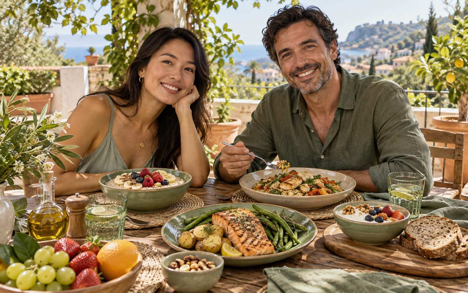 Una mujer y un hombre sonrientes en una terraza junto al mar, ante una mesa con avena con fruta, arroz con pollo y verduras, salmón con patatas y judías verdes, yogur con nueces, fruta y pan integral