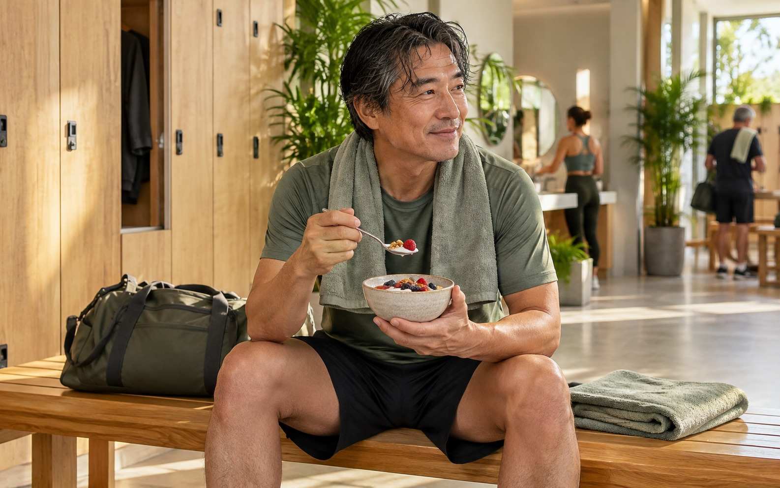 Hombre maduro con una toalla al cuello sentado en el banco de madera de un vestuario de gimnasio, comiendo sonriente un cuenco de yogur con frutos rojos y frutos secos, junto a una bolsa de deporte y una toalla doblada
