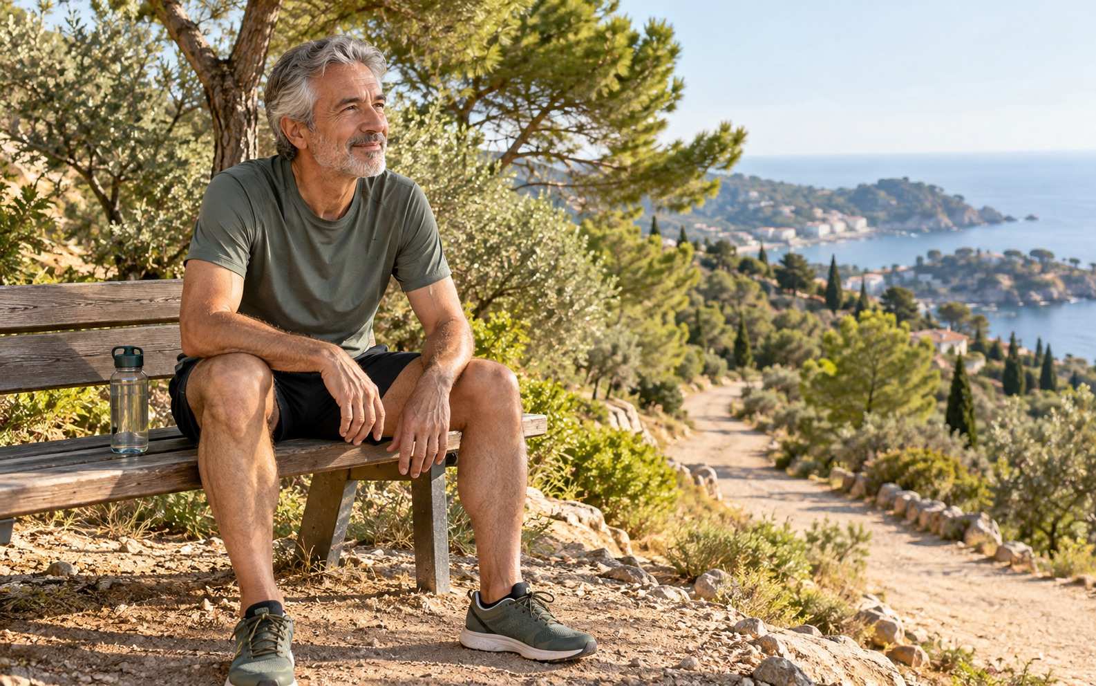 Hombre de unos 60 años con canas sentado en un banco de madera junto a un camino de tierra en pendiente, con una mano sobre el muslo y el mar Mediterráneo al fondo