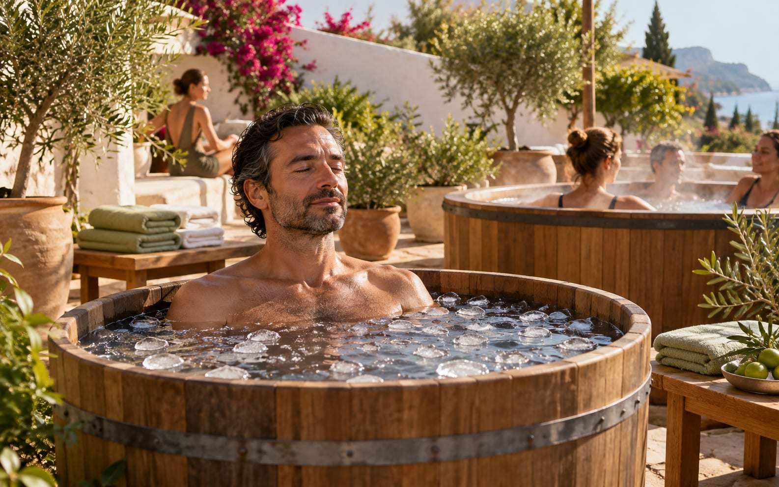 Hombre de unos 40 años sentado hasta el pecho en una tina de madera con agua y hielo en la terraza soleada de un centro deportivo mediterráneo, con una bañera caliente, toallas y olivos al fondo