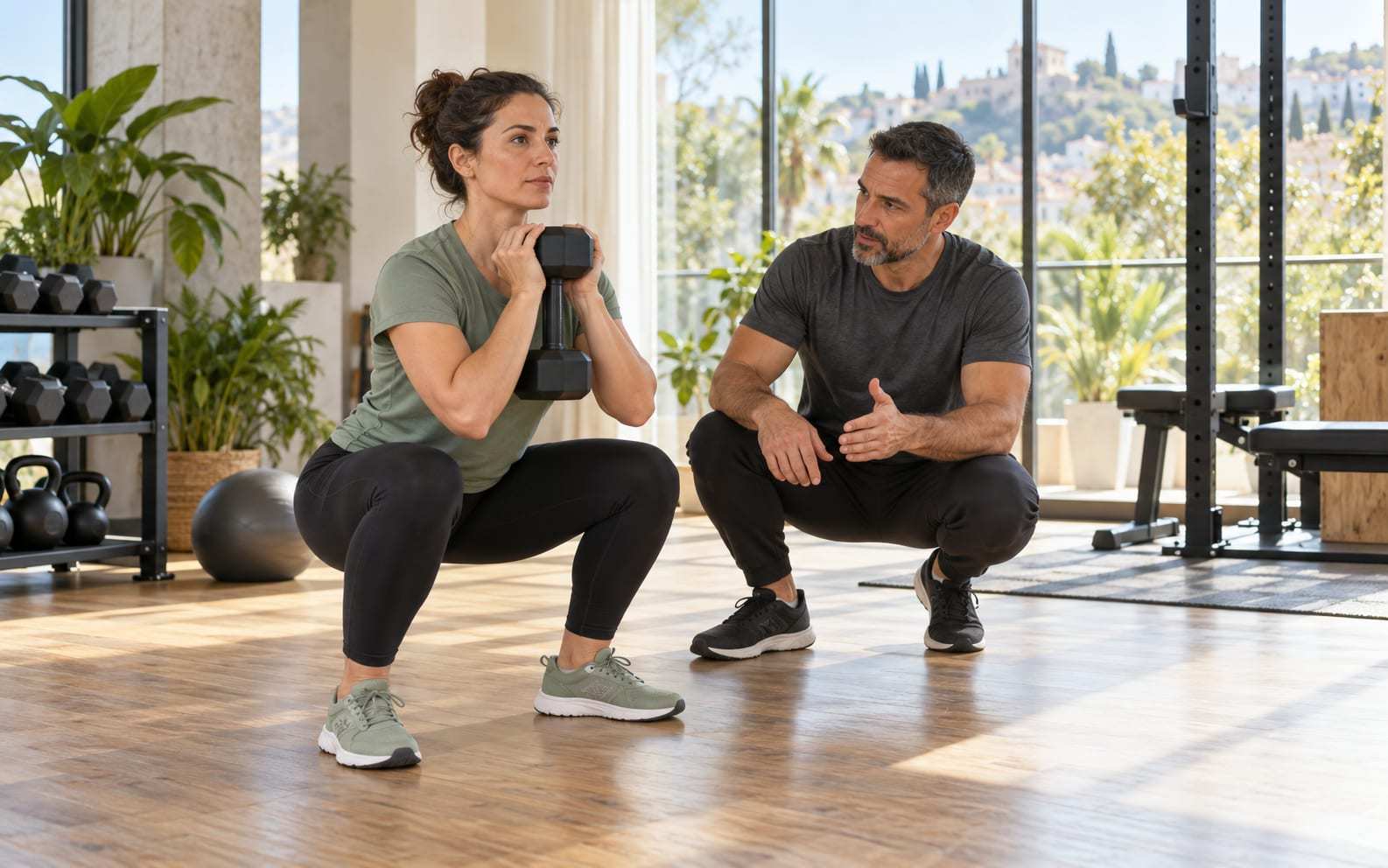 Mujer con camiseta verde salvia haciendo una sentadilla goblet con una mancuerna sujeta frente al pecho mientras un entrenador agachado a su lado le explica la técnica, en un gimnasio luminoso con grandes ventanales y suelo de madera clara